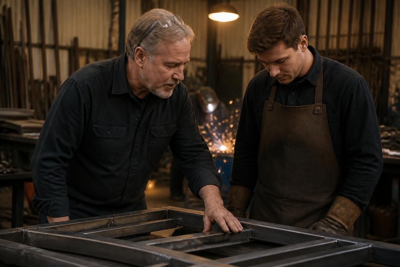 Metal fabrication shop owner reviewing a steel frame with a welder