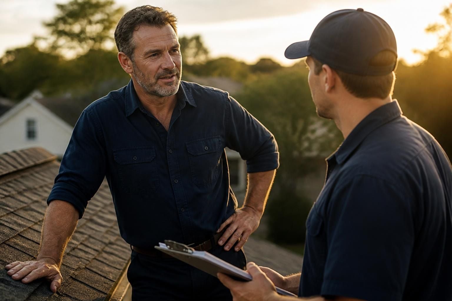 Roofing company owner talking with a crew member on a residential roof